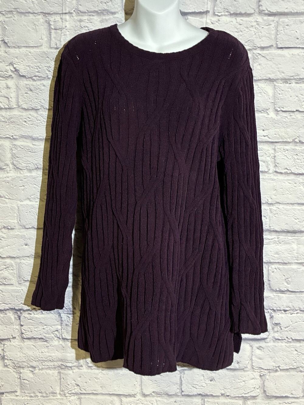 J Jill Womens M Purple Eggplant Cable Knit Texture Pullover Sweater Chenille